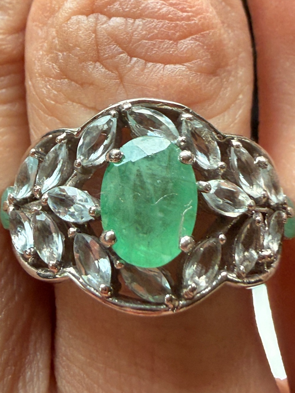 Natural Green Emerald and White Topaz Halo Ring Sz8